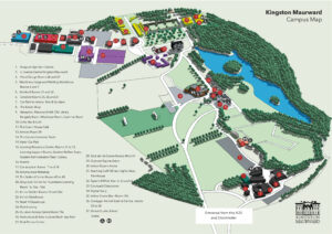 Campus map with each building labelled from 1 to 36. The text Kingston Maurward Campus map is in the top right and the black Kingston Maurward College logo is in the bottom right.