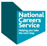 National Careers Service logo in white text against a blue background. Helping you take the next step is written underneath in white.